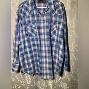 Vintage Plains Western Wear Pearl Snap Shirt Men's XXL Blue Plaid Long Sleeve‎